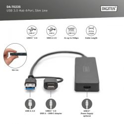 Hub 4 Port Usb 3.0 With Usb-C Adapter + Pd Slimline Digitus DA-70235