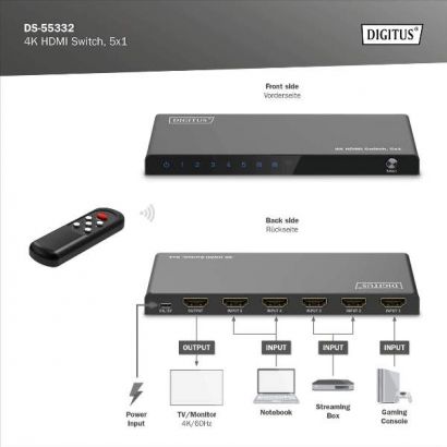 Selector Hdmi 5 Port, 4K2K/60Hz- 18 Gbps &Amp; Rem. Con. Digitus DS-55332