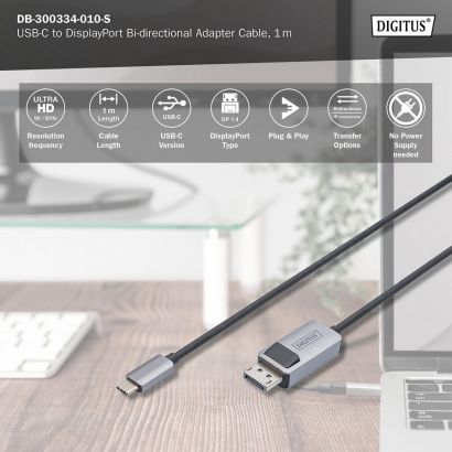 Cable Type-C M To Displayport M (Dp Alt Mode) 8K (7680X4320@30Hz) 1M Bi-Directional Digitus DB-300334-010-S